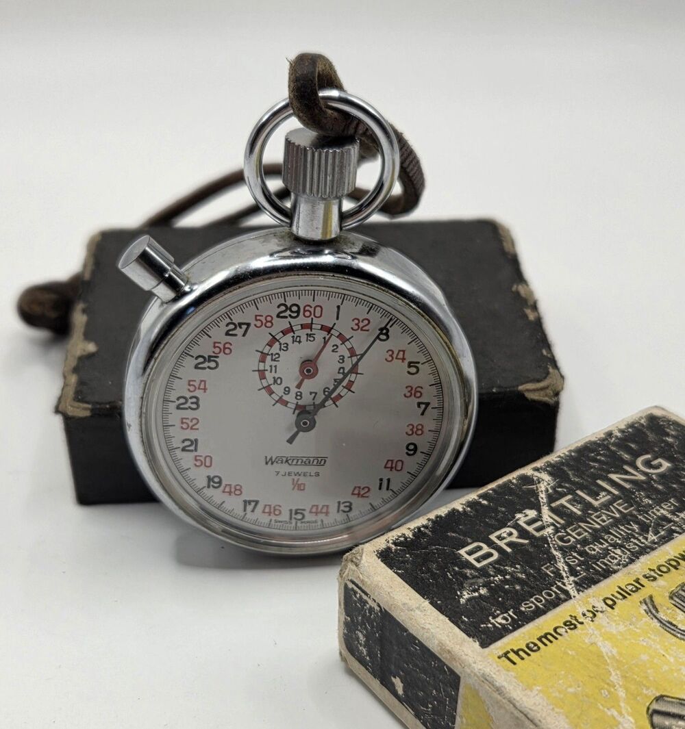 VTG 60s Breitling Geneve Wakmann 7 Jewels 1/10 Swiss Made Stopwatch with Box